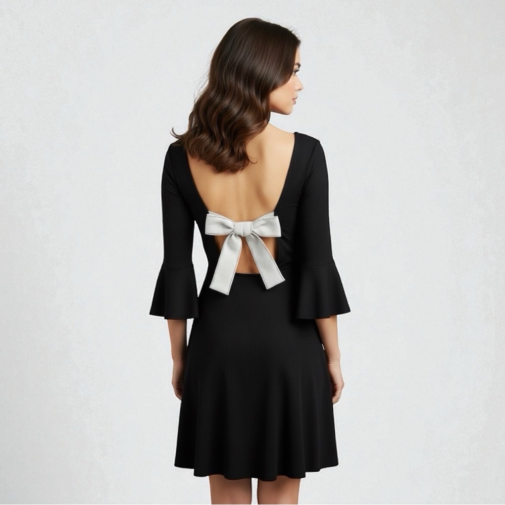 Timing Black Skater Dress Open Back Bow Bell Sleeve Coquette Cocktail Size Large